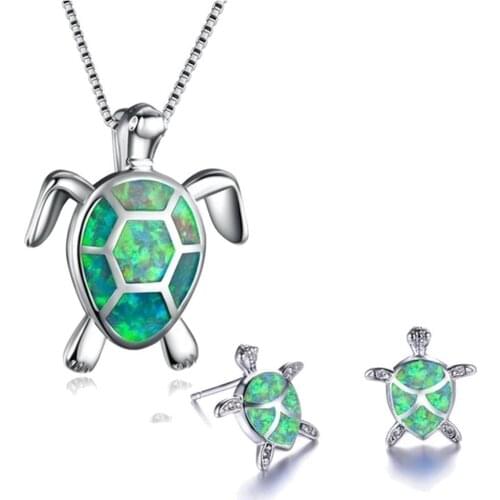 Fashion Faux Opal Inlaid Turtle Pendant Necklace Hook Earrings Women Jewelry Set
