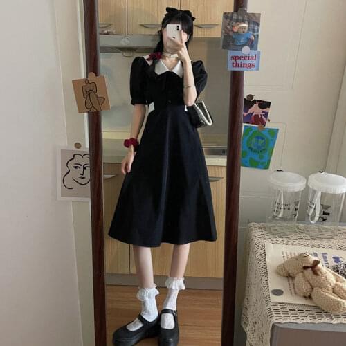 Hepburn Style French Retro Waist-Controlled Skimming Small Black Dress 2021 New Summer Puff Sleeve Small Size Dress