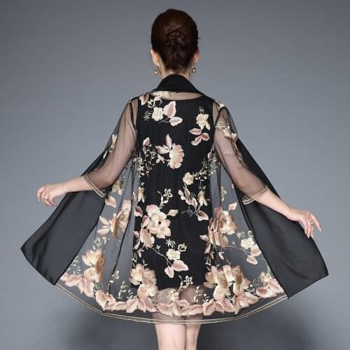 Middle Aged Women Elegant Floral Embroidery Dress Two Pieces Set Half Sleeve O Neck Casual Party Dresses Vestidos Plus Size