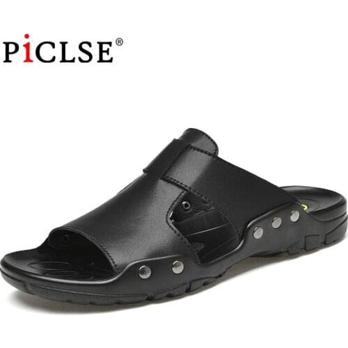 Plus size Genuine Leather Men Beach Slippers Home Sandals Summer Men Sandals Outdoor Casual Walking Beach Flip Flops Men Shoes
