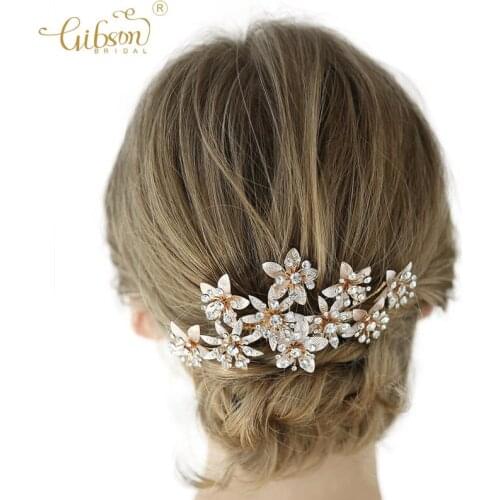 Wedding Accessories Jewelry Bridal Hair Comb Clip Golden Headpiece With Floral Decoration