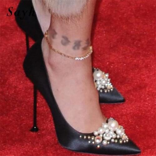 Fashion Women String Bead Silks Satin Pumps Slip On Stilettos Pointed Toe Female High Heel Shoes Pearl Wedding Dress Shoes Size