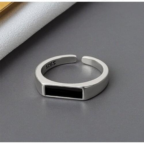 VENTFILLE 925 Sterling Silver Black Zircon Rectangular Open Ring Female Fashion Minimalist Beautiful Decorated Jewelry