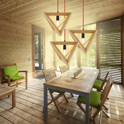 Vintage pendant light Oak Wood Retro lamp 100cm wire E27 socket Hanging triangle Rope light fixture 100-240V luminaire lamparas