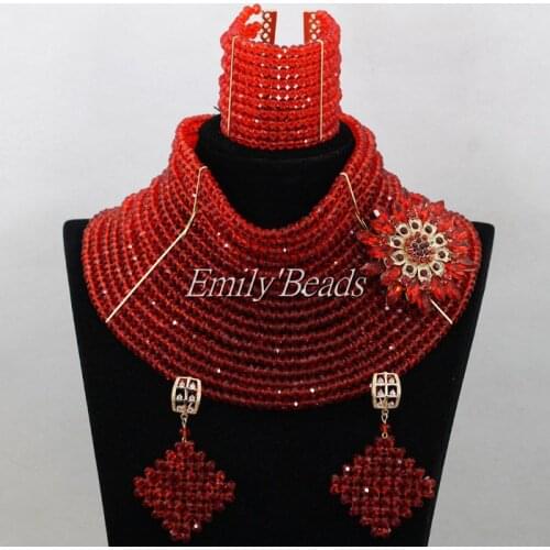 Red African Costume Jewelry Set Fashion Nigerian Wedding Big African Beads Jewelry Set Bridal Necklace Set Free Shipping AIJ833