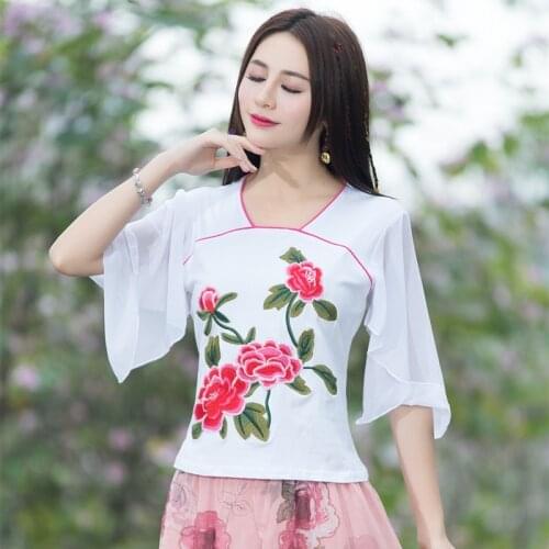 Ladies Chinese Tops Women 2020 Summer Traditional Chinese Clothing Embroider Vintage T Shirt Chinese Style Clothing Women 11593