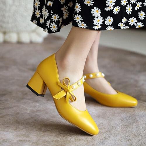 Ochanmeb Big Plus Size 33-48 Pearls Women Pumps for Spring Autumn Sweet Bow-tie Knot Yellow Nude Black Beigge Color Shoes Woman