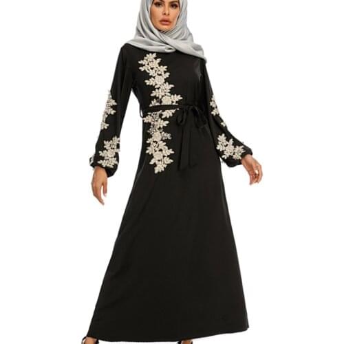 Muslim New Ethnic Style Womens Robe Elegant And Dignified Embroidery Long Swing Dress Nail Pearl Arab Islam Black