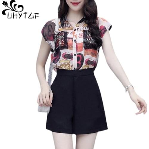 UHYTGF Womens Tracksuit Fashion Chiffon Shirt Shorts Summer Two-Piece Sets Printed Top Profession 3XL Plus Size Suit Female 2104