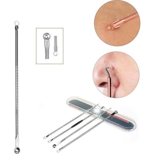 4Pcs BlackHead Remover Acne Needles Metal Spoon Facial Black Spots Pore Clean Extractor Set For Pimple Skin Face Care with box