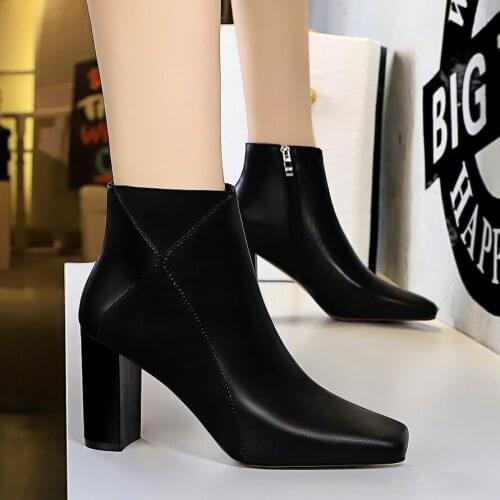 BIGTREE Boots 2019 Female Pu Leather Women Boots Thick Heels Ankle Boots For Women Square Toe Winter Shoes Women Boots