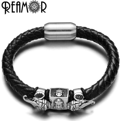 REAMOR Exoticism Design Thailand Ganesha Buddhism Genuine Leather 316l Stainless steel Bead Bracelet & Bangle with Magnet Clasp