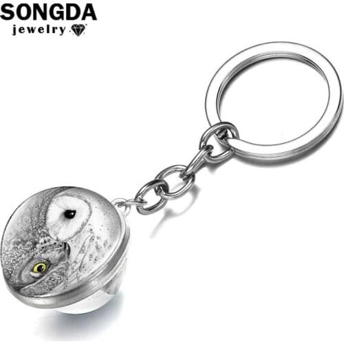 SONGDA Novelty Black & White Feather Yin Yang Key Chain Life Tree Keychain Double Sided Glass Ball Pendant Keyring for Men Women