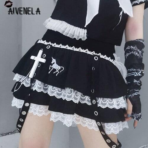 Harajuku Gothic Girls Lace Skirt Y2K Punk Girl Mini Cake Lace Skirts AFC1328