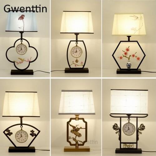 Chinese Style Classical Table Lamps with Clock Vintage Fabric Led Stand Desk Lights for Home Decor Bedroom Bedside Bird Lamp