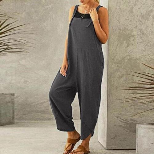 Summer Jumpsuit Women Solid Color Loose Women Shoulder Strap Pockets Romper Ankle-Length Pants Overalls Women monos mujer XXXL