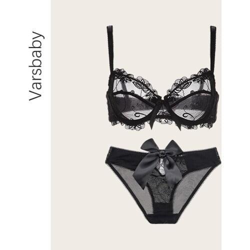 Varsbaby Lace Lingerie Set Sexy Womens 3/4 Cup Underwire Push Up Bra See Through Temptation Breathable Panties