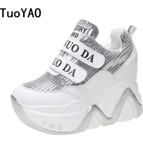 Chunky Sneakers Women Winter Black Thick Bottom Sequin Fabric Shoes Thick Bottom Round Toe Breathable Leisure Women Shoes New