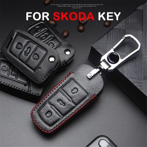 Leather Car Key Case Cover For Skoda Fabia 2 3 Octavia 1 2 3 A5 A7 Karoq Kodiaq Superb 3 2 Rapid Yeti Key Chain Ring Accessories
