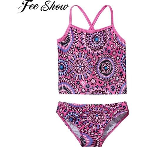Two Piece Swimwear for Girls Kids Beachwear Printed Flowers Swim Top and Trunks Bathing Suit Swimming Outfits for Beach Party