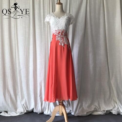 Brick Red Prom Dress Short Chiffon Evening Gown Cap Sleeves White Appliques Lace Party Formal Dress for Mom Women A Line Gown