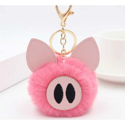 Cute Womens Piggy Fur Ball Keychain Cartoon Pig Fur Pom Pom Keychain Bag Purse Car Key Holder Fluffy Keyring Pendant Llaveros