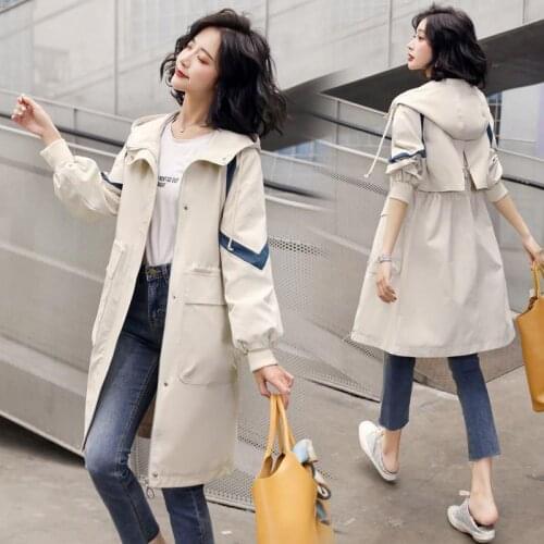 Fashion Windbreaker Mid-length Womens 2021 Spring Autumn Color Block Hood Coat Female Big Pocket Plus Size Trench Coat For Women