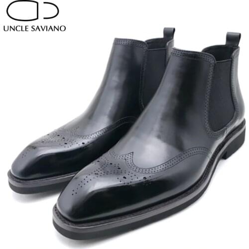 Uncle Saviano Chelsea Brogue Solid Winter Mens Boots Shoes Work Boots Add Velvet Fashion Designer Shoes Men Genuine Leather