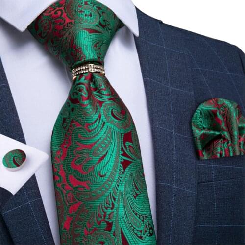 Men Tie Green Red Paisley High Quality Wedding Tie For Men Necktie Ring Hanky Cufflink Silk Tie Set DiBanGu Business JZ03-7280
