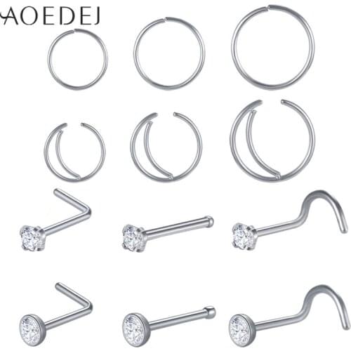 AOEDEJ 12 PCS Surgical Steel Nose Ring Pack Indian Nose Pin Lot Nose Piercing Ring Set Crystal Ring Bulk Nose Piercing Stud Lot