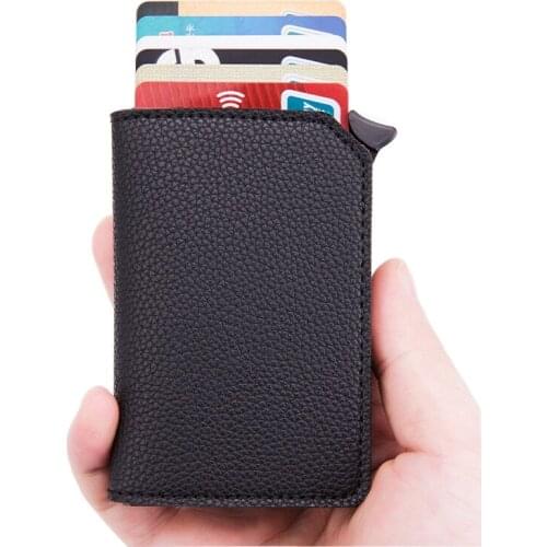 2020 New Button RFID Double Protection Men Credit Card Holder PU Leather Wallet Metal Aluminum Casual Bus Card Holder