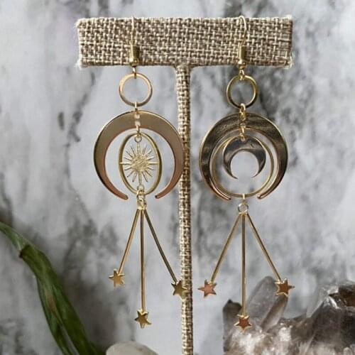 Celestial Sun, Moon, & Stars gold plated brass witchy boho earrings