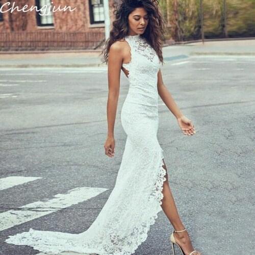 Chengjun Slim Fit High-Neck Backless Sleeveless Lace Beach Sexy Wedding Dresses