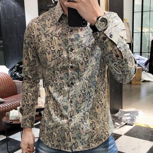 Luxury Vintage Paisley Print Shirt Party Men Dress Costumes Spring Long Sleeve Palace Chic Shirt Camisas Para Hombre Manga Larga