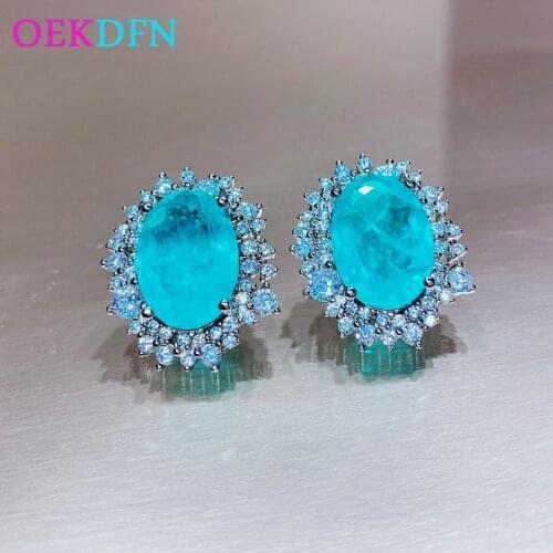 OEKDFN Double 925 Sterling Silver Earrings Oval Cut Emerald Paraiba Tourmaline Gemstone Ear Stud Earrings For Women Fine Jewelry