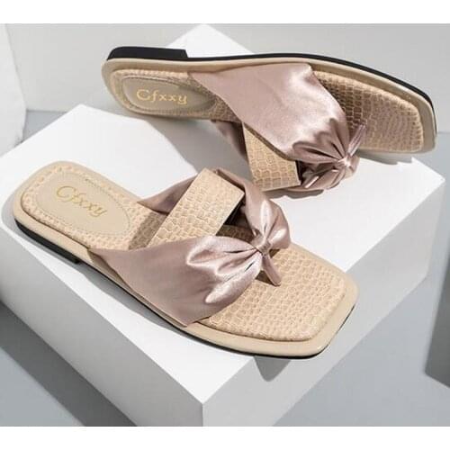 Womens Flip Flops Summer Ladies Shoes Fashion Suqare Toe Four Color Ribbon Bowknot Flat-bottomed Outside Sweet Woman Slippers