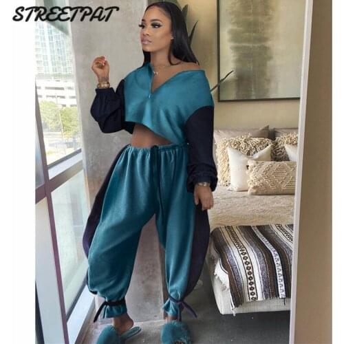 Casual 2 Two Piece Set Tracksuit Women Outfits Patchwork Crop Top Joggers Wide Leg Pants Sweatpants Sweat Suit Streetwear 2021
