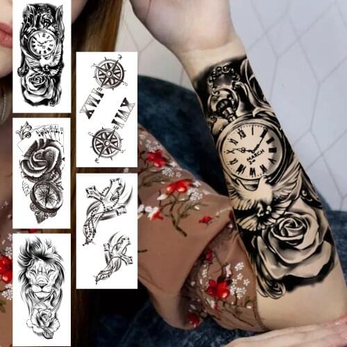 Compass Half Sleeve Temporary Tattoos For Women Men Adult Black Cross Tattoo Sticker Realistic Fake Lion Tatoo Bird Clock Flower
