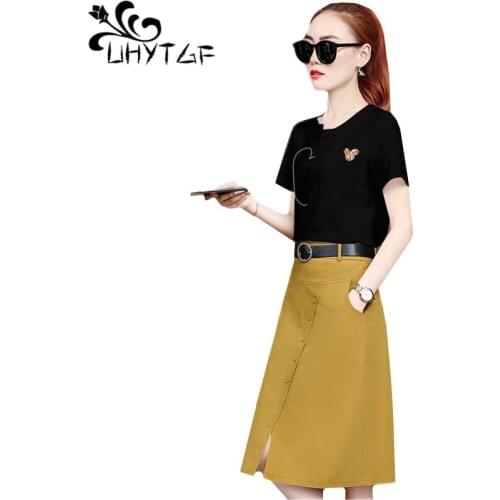 UHYTGF Fashion summer 2 piece set dress women Korean t-shirt top elegant skirt set women short sleeve casual plus size dress 926
