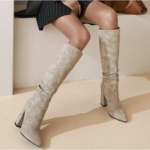 ZawsThia new nubuck yellow beige pleated booties sexy block high heels stilettos womans boots winter warm fleece boots shoes