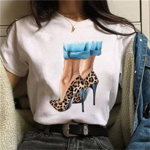 ZOGANKIN Women Tshirts 90s Girls Short Sleeve Tops Leopard High Heels Shoes Printed Vogue Short Sleeve TShirt Femme T- shirt