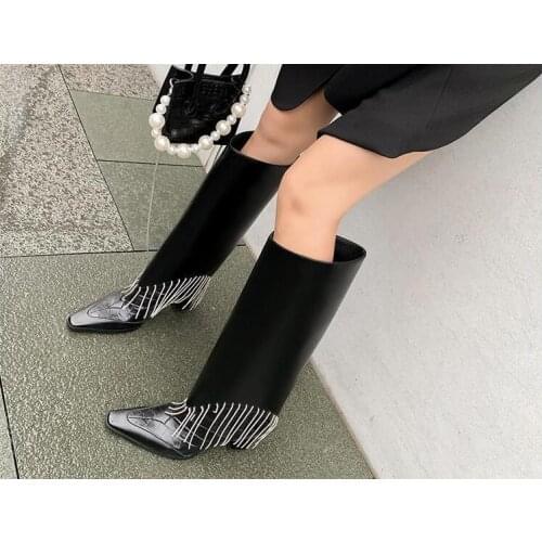 Winter Woman Black Leather Crystal Diamond Fringe Knee High Boots Ladies Square Toe 8 cm Heels Slip On Loose Tube Long Botas