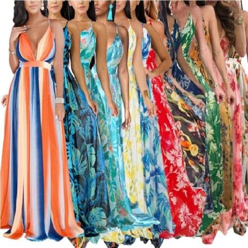 Echoine Summer V-neck Print Long Maxi Dress Women Sexy Elegant Vinrage Vestidos Beach Holidays Robe