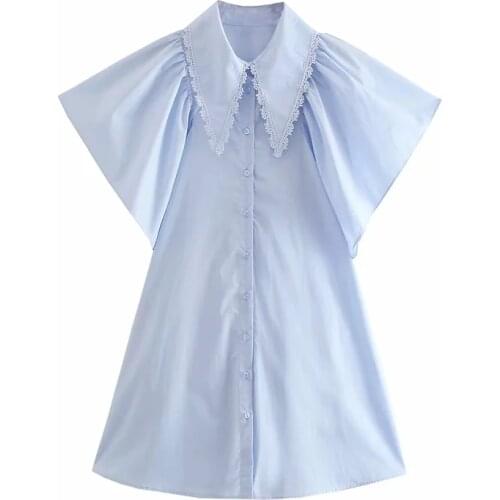Za Women Sweet Fashion Solid Color Lace Stitched Lapel Mini Dress Vintage Lapel Collar Puff Sleeve Femal Chic Skirt Dresses