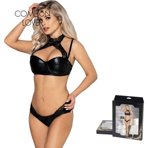 Wet Look Womens Intimates PU Leather Underwear Women Set Black 5XL Half Cup 3 Pieces Sexy Bra and Panty Sets With Lace G-String
