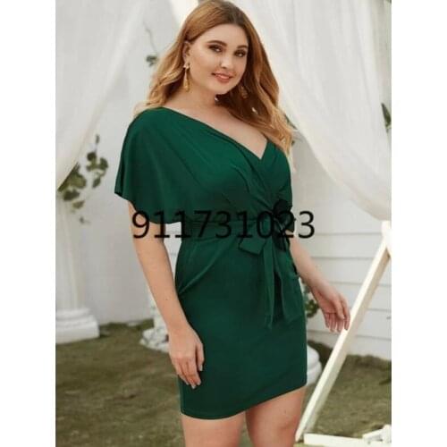 L-5XL Plus Size Women V-neck Bodycon Dress Sexy Club Evening Party Green Short Sleeve Summer Vestido Office Work Wear Modest