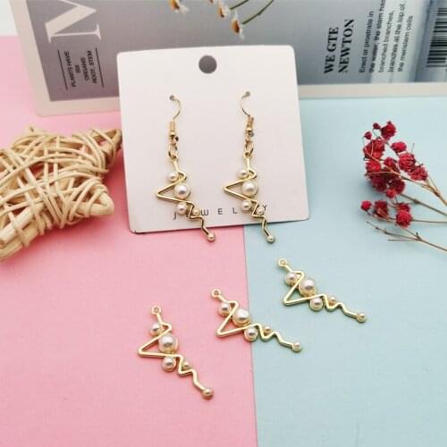 10pcs Chic Pearl ECG Alloy Charms DIY Jewelry Accessories Fit Earring Bracelet Gold Metal Electrocardiogram Pendants Craft FX348