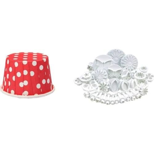 100 Pcs Wrapper Paper Cake Case Baking Cups & 33 Pcs Sugar Craft Flower Leaf Butterfly Heart Shape Decorating Mold