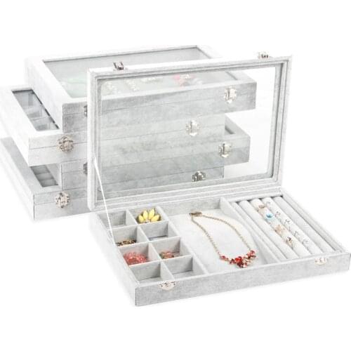 TONVIC Gray Ice Velvet Jewelry Display Box Ring Bracelet Eearring Necklace Beads Storage Compartments Tray With Glass Lid