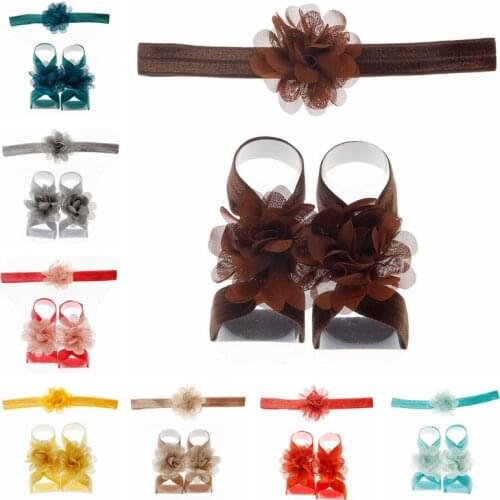 Infant Baby Girls Flower Barefoot Sandals and Newborn Chiffon Flowers Headbands Hair Accessories Set Children Birthday Gifts